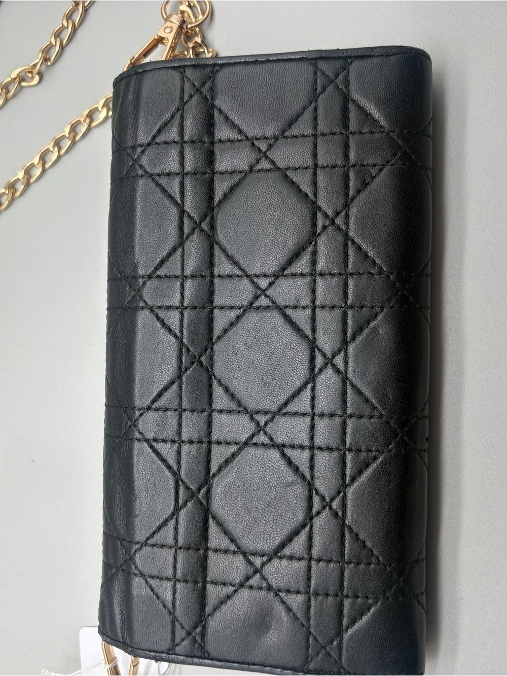Dior Black Quilted Leather Shoulder Wallet with Gold Chain